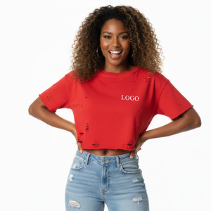 Camiseta Corta Roja para Mujer, Cuello Redondo, Color Sólido, Informal, con Logotipo Estampado, 100% Algodón, Transpirable, para Primavera/Verano - Product Image 3