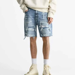 Shorts en jean déchiré slim fit pour homme, taille à cordon, style décontracté en coton, noir - Product Image 6