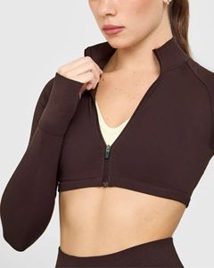 Activewear Ladies Cropped Yoga <b>Jacket</b> Full Zip Stand Collar Thumbholes Slim Fit Breathable Front Running Top Short Length Gym - Product Image 4