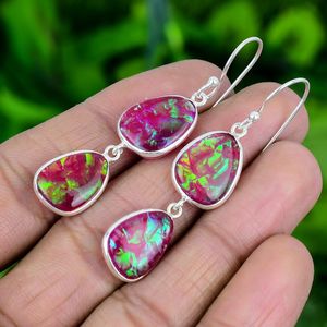 Boucles d'oreilles en opale rose feu, argent sterling 925, opale feu triple fait main, bijoux en pierres précieuses, cadeau pour femme - Product Image 4