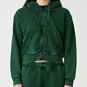 Customized 500 GSM Acid Washed Zip Front Hoodies Embroidery Women's Heavyweight 100% Cotton Fleece Streetwear Cropped Hoodie - Product Image 6