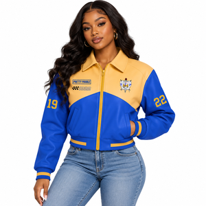 Veste en cuir PU Sigma Gamma Rho prête à être expédiée, veste bomber en cuir de haute qualité, veste de style universitaire élégante - Product Image 1