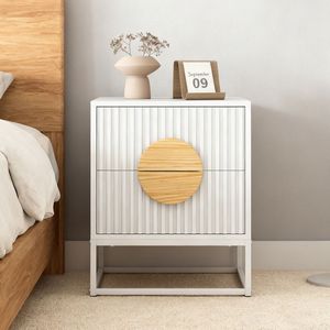 Comodino Moderno Stile Mid-Century con 2 Cassetti e Maniglie in Legno di Pino per Arredamento Camera da Letto - Product Image 1