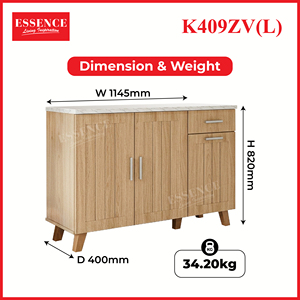Mueble de Cocina Moderno de Aglomerado Essence K409ZV(L) con Encimera de Melamina Blanco Roble y Mármol, Cajón, Estante para Panadería y Soporte para Microondas - Product Image 6