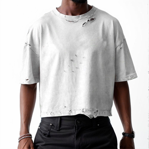 Oversized Men's <b>White</b> <b>Crop</b> <b>T</b>-<b>Shirt</b> Short Sleeve O-Neck Knitted Street Style Solid Color Distressed Washed for 100% Cotton - Product Image 2