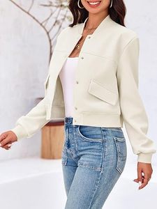 Chaqueta Bomber Crema para Mujer, Manga Larga, Cuello Alto, Cierre de Botones, Bolsillos con Parches, Ropa Exterior Informal, Color Sólido, Tejido de Poliéster - Product Image 2