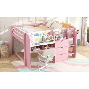 Letto a soppalco basso bianco e rosa a grandezza naturale con scrivania integrata, armadietti contenitori, libreria aperta e lavagna per graffiti - per camerette dei bambini (ETA 7/8) - Product Image 6
