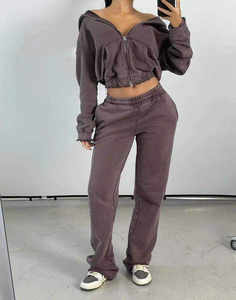 Women Acid Wash Winter Tracksuit Set Oversized Hoodie Jogger Pants Two Piece Outfit Casual Streetwear Gym Wear 100% Cotton - Product Image 4