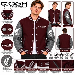 Chaqueta Varsity para hombre en color granate con bloques de color, mangas grises, cierre de botones a presión, estilo Letterman, chaqueta clásica de béisbol. - Product Image 6