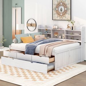 Cama capitán de madera tamaño matrimonial en acabado blanco con estanterías integradas y cama nido con tres cajones de almacenamiento - Product Image 2
