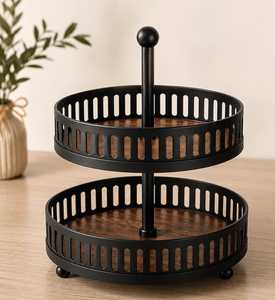 Support à gâteau rond à deux niveaux en acier inoxydable avec base en bois écologique, plateau de service pour la cuisine - Product Image 3