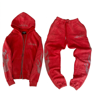 Custom Embroidery Breathable <b>Knitted</b> Winter Men's Fleece Zip-Up Hoodie Sweatpants Streetwear <b>Set</b> - Product Image 5