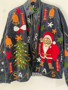 Veste en velours sur le thème de Noël de qualité supérieure pour femmes, brodée à la main avec un motif Père Noël, manches longues, manteau d'hiver pour femmes - Product Image 3