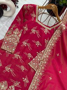 Designer Embroidery Sequence Work <b>Shimmer</b> Silk <b>Top</b> With Sharara Bottom And Dupatta Fully Stitched Ready To Wear Set - Product Image 3