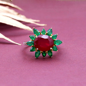 925 Sterling <b>Silver</b> Ruby <b>Emerald</b> Diamond Floral <b>Ring</b> for Women Gold Plated Oval Gemstone Statement Fine Jewelry - Product Image 3