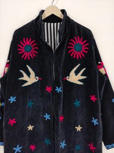 เสื้อคลุมกิโมโนกำมะหยี่ปักลายสีดำ งานแฮนด์เมด แจ็คเก็ตตัวยาวสไตล์โบโฮ เสื้อคลุมสำหรับออกงาน ใส่ในเทศกาล ฤดูร้อน ผ้าฝ้าย 100% - Product Image 5