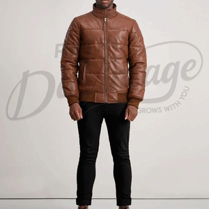 Custom Men Brown Puffer Leather <b>Jacket</b> Quilted Padded Bomber Coat Warm Winter Stand Collar Genuine Leather <b>Zip</b> <b>Up</b> <b>Jacket</b> - Product Image 4