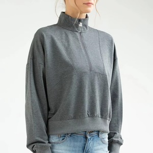 Sweat-shirt gris à col montant et fermeture éclair pour femme, manches longues, en mélange de coton tricoté, couleur unie, respirant, vente en gros, fabricant OEM - Product Image 5
