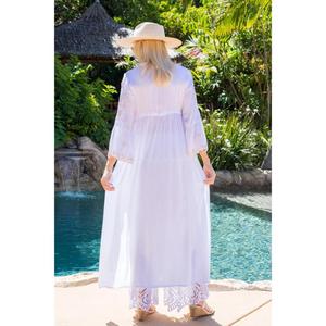 Vestido Maxi Blanco Estilo Boho para Mujer con Bordado, Cuello en V, Manga Larga, Estilo Kaftan, para la Playa o Vacaciones de Verano - Product Image 5