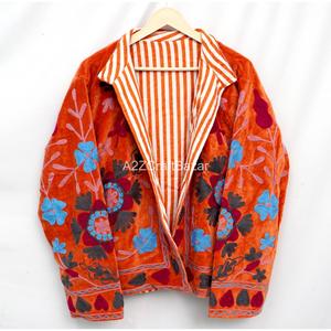 Hand Embroidered <b>Velvet</b> <b>Jacket</b> <b>Women</b> Floral Stripe Pattern O-Neck Full Sleeve Bohemian Style Spring Wear Gift Her - Product Image 2