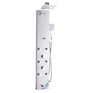 Système de douche mural 49 pouces avec pommeau de douche pluie LED 4 fonctions, 6 jets corporels, douchette à main et bec de baignoire, finition brossée - Product Image 1