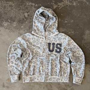 Veste à capuche personnalisée en molleton français camouflage, style streetwear, zippée, courte, imprimé léopard, vintage, en coton délavé à l'acide, avec appliques, pour homme - Product Image 1