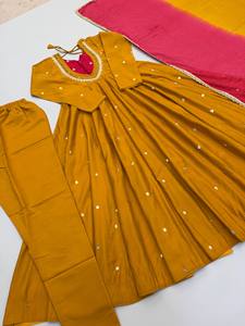 Ensemble ethnique 3 pièces de qualité supérieure pour femmes fil à paillettes haut de travail pantalon en coton et dentelle Dupatta tailles cousues marge - Product Image 4