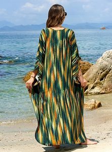 Robe Abaya Maxi Col V Manches Trois-Quarts Coupe Ample Motif Tie-Dye Vêtement d'Été Bohème en Rayonne pour Femme - Product Image 4