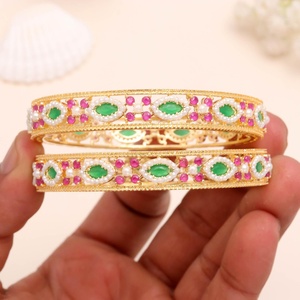 Handmade Ruby Emerald and Pearl Stone <b>Bangle</b> Gold Plated Traditional Indian Brass Kada Jewelry Factory Price - Product Image 2