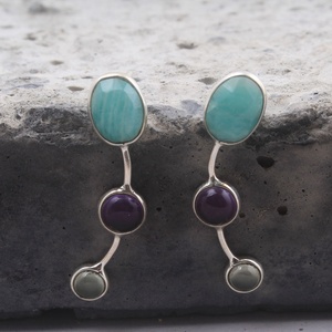 Boucles d'oreilles pendantes en Amazonite naturelle, Améthyste et Prehnite, en argent sterling 925, faites à la main, pour femmes - Product Image 3