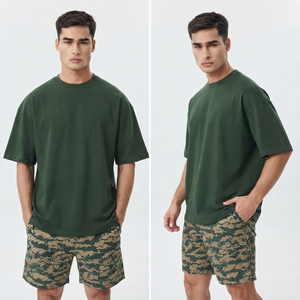 T-shirt en jersey de coton vert uni surdimensionné pour homme, décontracté, col rond, manches courtes, basique - Product Image 4