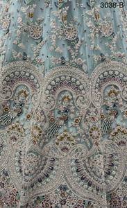 Elegant Light Blue Organza Traditional Bridesmaid <b>Lehenga</b> Beaded Embroidery V-Neck Crop Top Three Quarter Sleeve A-Line - Product Image 6