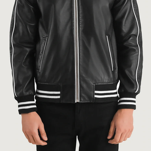Men's Black PU Leather Bomber Jacket With White Trim Zip Closure Turn-down Collar Regular Fit Autumn Wear - Product Image 2
