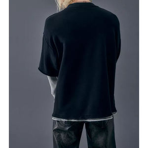 Camiseta de punto negra extragrande para hombre, manga larga, cuello redondo, ribete en contraste, color sólido, estilo casual - Product Image 3