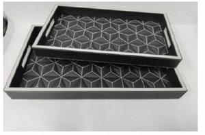 Ensemble de 2 plateaux rectangulaires en similicuir, plateau rectangulaire en bois MDF noir, motif géométrique, décoration moderne - Product Image 4