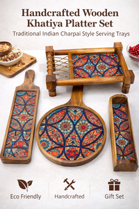 ชุดถาดไม้ทำมือแบบคัตติยะ สไตล์เรสติก ถาดเสิร์ฟชาร์ปาย งานฝีมืออินเดีย ถาดเสิร์ฟอาหาร ของตกแต่งบ้าน ชุดถาดของขวัญ - Product Image 3
