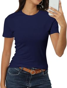 T-shirt à manches courtes col rond bleu marine pour femme, coupe classique, 100% coton jersey, style décontracté, couleur unie, respirant, toutes saisons - Product Image 1