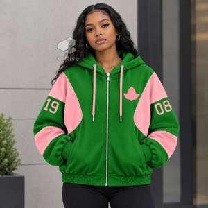 Alfa |   Kapa |   Sudadera con capucha extragrande con cremallera y bloques de color verde y rosa para mujer de Alpha Sorority, con letras griegas bordadas, estilo universitario - Product Image 4