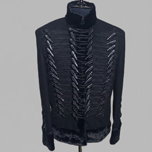 Chaqueta Bomber Gótica Negra para Hombre, Doble Botonadura, Cuello Alto de PU, Forro de Piel Sintética, Cierre de Botones Bordados, Corte Ajustado, Ropa de Invierno - Product Image 1