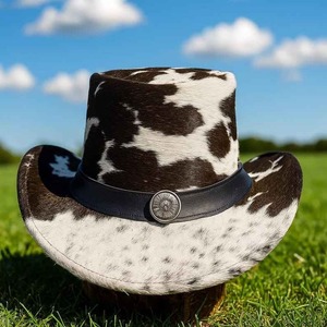 Premium quality custom Handmade unisex Cowhide Hair On Leather Top <b>Hat</b> With Western <b>Band</b> Festival Style - Product Image 2