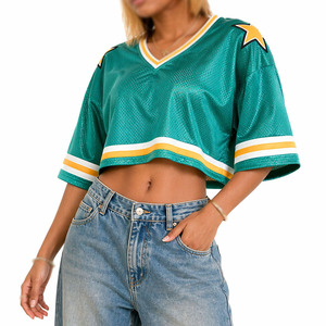 Maillot de football court en maille turquoise pour femme, avec bordure dorée et blanche, épaule à motif étoile, col en V, manches courtes, numéro et logo personnalisables, style streetwear, OEM - Product Image 2