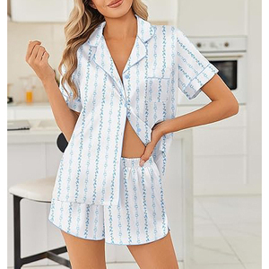 Conjunto de Pijama de Manga Corta para Mujer, Estampado a Rayas, Ropa de Dormir de Algodón, Informal, para Verano, con Botones y Cuello Camisero - Product Image 3