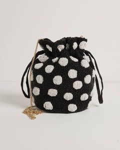 Sac Potli Rond Fait Main en Soie Brodé de Perles à Pois, Noir et Blanc, Sac à Main de Luxe pour Fête, Artisanat Textile - Product Image 1