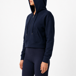 <b>Women</b>’s Cropped Full Zip Hoodie Cotton Elastane Blend French Terry Gym Workout <b>Jacket</b> with Pockets Custom Logo OEM Manufacturer - Product Image 2