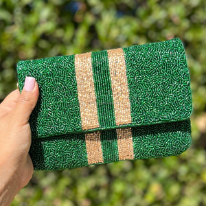 Luxury Handmade <b>Green</b> Beaded Foldable Clutch Bag Gold Stripes Magnetic Closure Designer Women's Evening Crossbody <b>Purse</b> Chain - Product Image 5