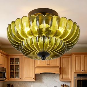 Plafonnier semi-encastré 3 lumières, luminaire moderne noir avec verre vert, compatible LED - Product Image 1