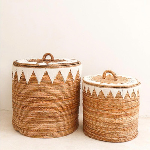 Handmade Natural Water Hyacinth <b>Laundry</b> Hamper with Lid Storage Baskets for Organizing with Cotton from Vietnam - Product Image 2