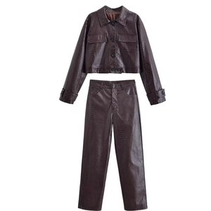 Conjunto de Chaqueta y Pantalones de Cuero con Estampado de Cocodrilo Unisex, Manga Larga, Cuello Camisero, Atuendo Casual de Otoño, Color Sólido, Corte Regular - Product Image 1