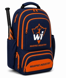 Mochila de Béisbol Warpro Industry de 30-40L con Múltiples Bolsillos Organizadores y Funda para Bate, Color Azul Marino y Naranja - Product Image 1