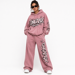 ONE APEX Womens <b>Pink</b> Acid Wash Oversized Hoodie <b>Tracksuit</b> Wide Leg Sweat Set Graphic Streetwear Lounge Wear Outfit - Product Image 1